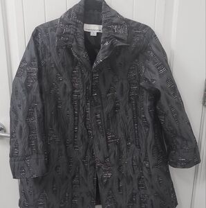 Caroline Rose Jacquard Open Front Swing Jacket Collar Gray /Black